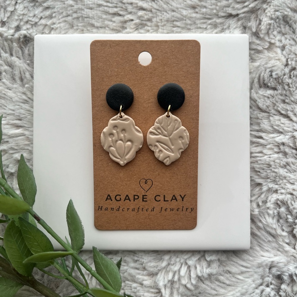 Beige on Black Dangle Earrings | Polymer Clay | Hypoallergenic